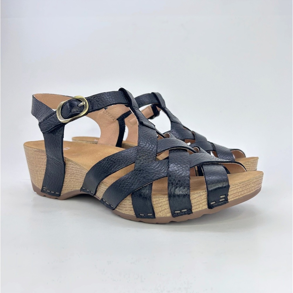 Dansko Tinley Sandals 37 US 6.5-7 Black Milled Burnished Leather Wedge Comfort